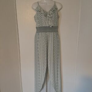 No Boundaries Light Green Patterned Jumpsuit